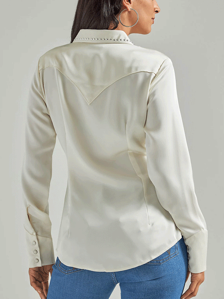 Wrangler 112342521 Womens Retro Satin Western Shirt Antique White back view. If you need any assistance with this item or the purchase of this item please call us at five six one seven four eight eight eight zero one Monday through Saturday 10:00a.m EST to 8:00 p.m EST