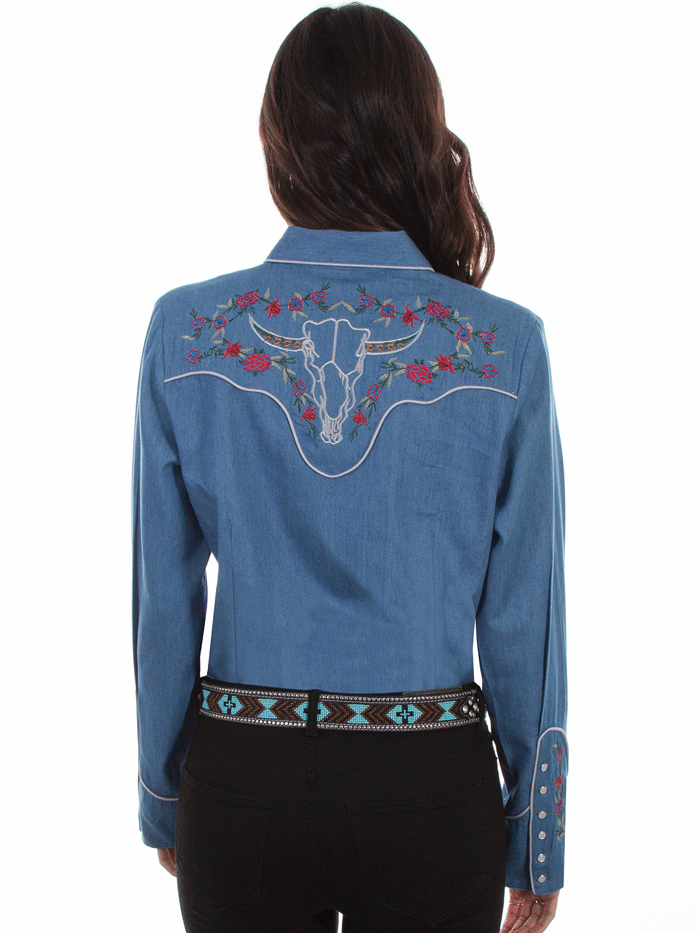 Scully PL-879-DEN Womens Floral Longhorn Embroidered Lightweight Denim Shirt Blue front view. If you need any assistance with this item or the purchase of this item please call us at five six one seven four eight eight eight zero one Monday through Saturday 10:00a.m EST to 8:00 p.m EST