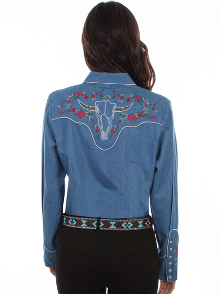 Scully PL-879-DEN Womens Floral Longhorn Embroidered Lightweight Denim Shirt Blue back view. If you need any assistance with this item or the purchase of this item please call us at five six one seven four eight eight eight zero one Monday through Saturday 10:00a.m EST to 8:00 p.m EST