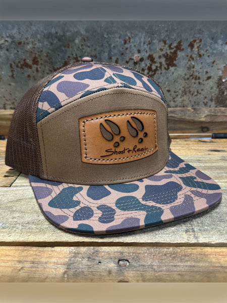 Shoot & Reel SR5 Deer Track Patch Flat Bill Cap Delta Chocolate side / front view. If you need any assistance with this item or the purchase of this item please call us at five six one seven four eight eight eight zero one Monday through Saturday 10:00a.m EST to 8:00 p.m EST