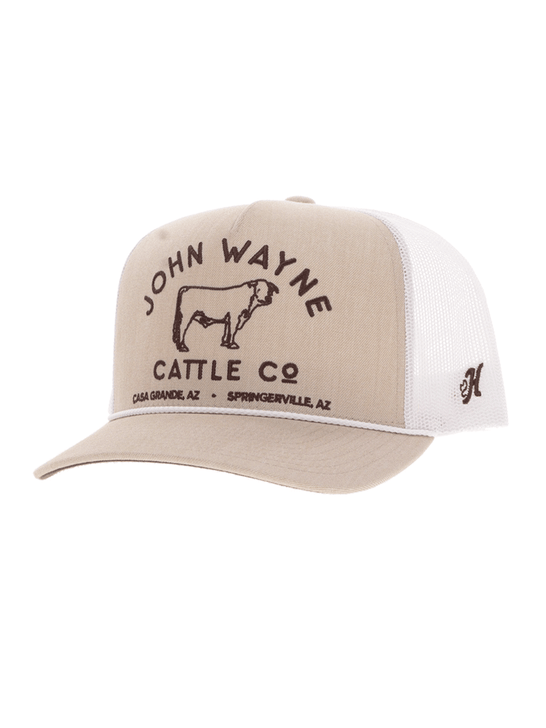 Hooey 2566T-TNWH JOHN WAYNE 5 Panel Snapback Trucker Hat Tan White front and side view. If you need any assistance with this item or the purchase of this item please call us at five six one seven four eight eight eight zero one Monday through Saturday 10:00a.m EST to 8:00 p.m EST