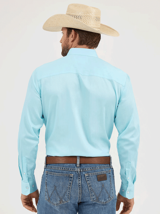 Wrangler 112365523 Mens Cody Johnson Button Down Shirt Aqua Chevron back view. If you need any assistance with this item or the purchase of this item please call us at five six one seven four eight eight eight zero one Monday through Saturday 10:00a.m EST to 8:00 p.m EST