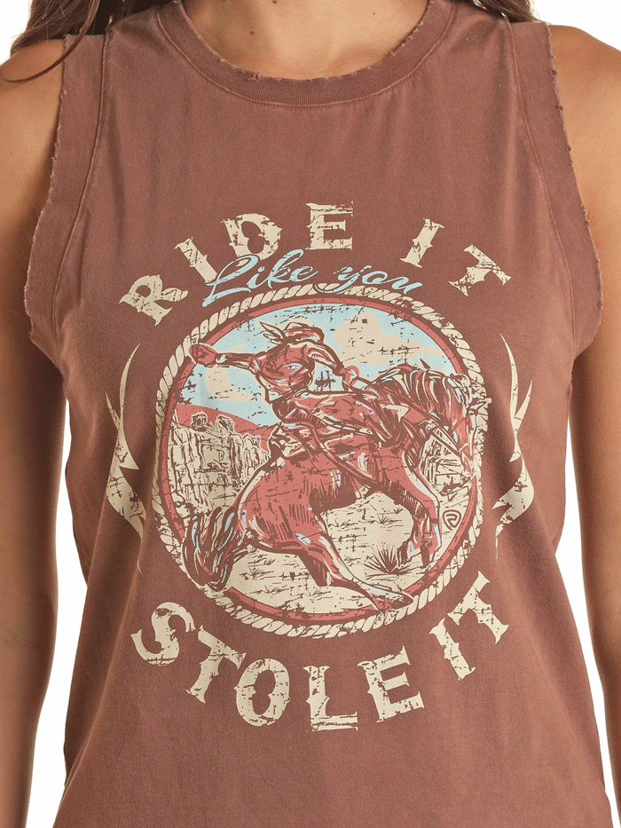 Rock & Roll Denim BW20T03289 Womens Ride It Like You Stole It Tank Chocolate front view. If you need any assistance with this item or the purchase of this item please call us at five six one seven four eight eight eight zero one Monday through Saturday 10:00a.m EST to 8:00 p.m EST