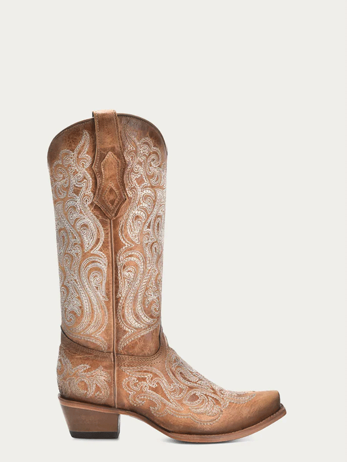 Corral C4144 Ladies Cowhide Embroidery Boot Natural Camel Tan front and side view. If you need any assistance with this item or the purchase of this item please call us at five six one seven four eight eight eight zero one Monday through Saturday 10:00a.m EST to 8:00 p.m EST