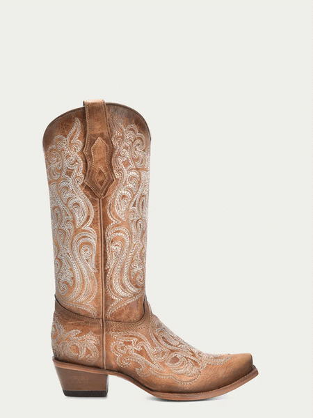 Corral C4144 Ladies Cowhide Embroidery Boot Natural Camel Tan side view. If you need any assistance with this item or the purchase of this item please call us at five six one seven four eight eight eight zero one Monday through Saturday 10:00a.m EST to 8:00 p.m EST