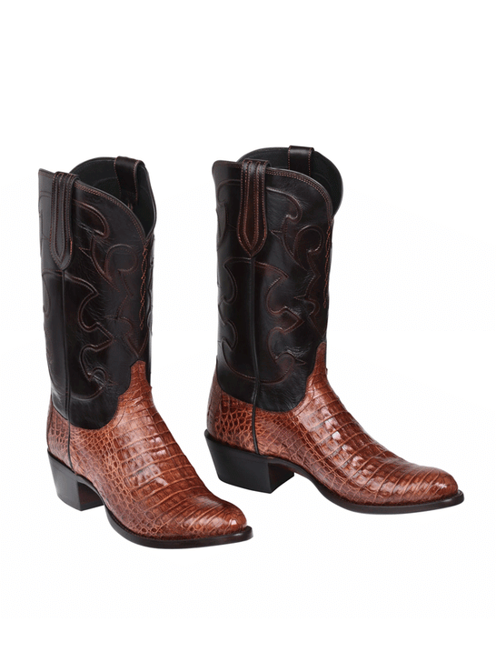Lucchese M1635.R4 Mens Charles Belly Caiman Boots Sienna Dark Brown front and side view of pair. If you need any assistance with this item or the purchase of this item please call us at five six one seven four eight eight eight zero one Monday through Saturday 10:00a.m EST to 8:00 p.m EST