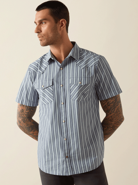 Ariat 10054700 Mens Hyder Retro Fit Short Sleeve Shirt Blue front view. If you need any assistance with this item or the purchase of this item please call us at five six one seven four eight eight eight zero one Monday through Saturday 10:00a.m EST to 8:00 p.m EST