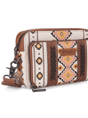 Wrangler WG2207-3003CF Womens Aztec Printed Crossbody Purse With Wallet Compartment Coffee Tan close up view. If you need any assistance with this item or the purchase of this item please call us at five six one seven four eight eight eight zero one Monday through Saturday 10:00a.m EST to 8:00 p.m EST

