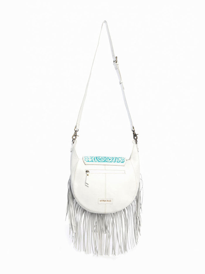 Myra Bag S-10762 Womens Moonwood Hand-Tooled Bag White front view. If you need any assistance with this item or the purchase of this item please call us at five six one seven four eight eight eight zero one Monday through Saturday 10:00a.m EST to 8:00 p.m EST