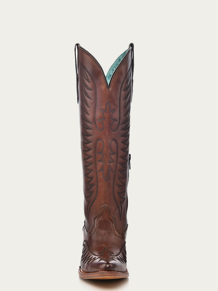 Corral E1570 Ladies Embroidery Cowboy Boot Cognac side / front view. If you need any assistance with this item or the purchase of this item please call us at five six one seven four eight eight eight zero one Monday through Saturday 10:00a.m EST to 8:00 p.m EST