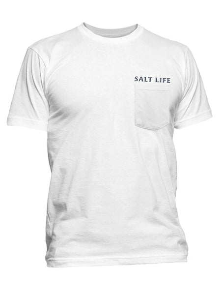 Salt Life SLM11160 Mens Salty Honor Bones Short Sleeve Pocket Tee White front view. If you need any assistance with this item or the purchase of this item please call us at five six one seven four eight eight eight zero one Monday through Saturday 10:00a.m EST to 8:00 p.m EST