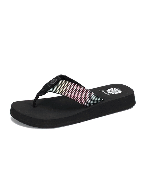 Yellow Box 52564 Womens Foliage Flip Flop Sandals Black Multi side and front view. If you need any assistance with this item or the purchase of this item please call us at five six one seven four eight eight eight zero one Monday through Saturday 10:00a.m EST to 8:00 p.m EST