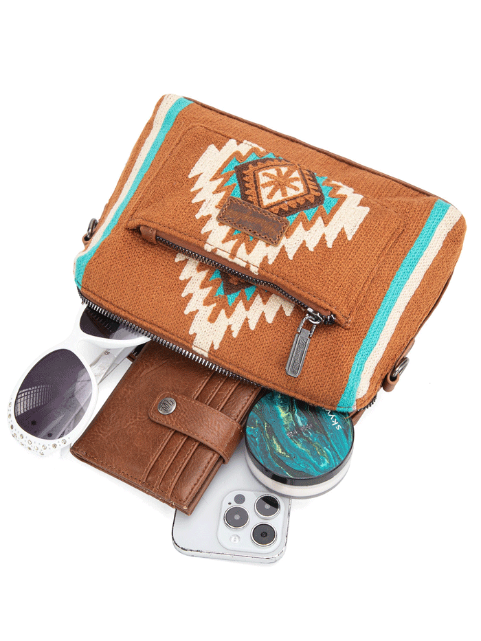 Wrangler WG174-1832BR Womens Southwestern Knitted Crossbody Bag Brown front and side view. If you need any assistance with this item or the purchase of this item please call us at five six one seven four eight eight eight zero one Monday through Saturday 10:00a.m EST to 8:00 p.m EST

