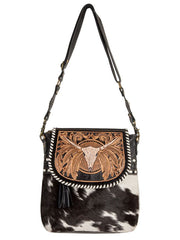 Myra Bag S-7956 Womens Spirit of the Herd HandTooled Bag Black front view hanging. If you need any assistance with this item or the purchase of this item please call us at five six one seven four eight eight eight zero one Monday through Saturday 10:00a.m EST to 8:00 p.m EST