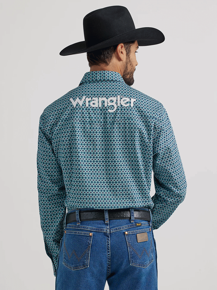 Wrangler 112337440 Mens Logo Western Snap Shirt Blue Diamonds front and side view. If you need any assistance with this item or the purchase of this item please call us at five six one seven four eight eight eight zero one Monday through Saturday 10:00a.m EST to 8:00 p.m EST