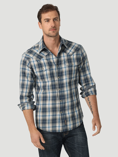 Wrangler 112327793 Mens Retro Premium Long Sleeve Plaid Shirt Deep Indigo front view. If you need any assistance with this item or the purchase of this item please call us at five six one seven four eight eight eight zero one Monday through Saturday 10:00a.m EST to 8:00 p.m EST
