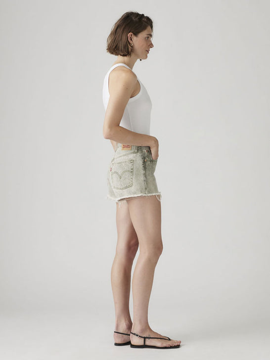 Levi's 563270468 Womens 501 Original Shorts Cloudy Cypress Olive Green side view. If you need any assistance with this item or the purchase of this item please call us at five six one seven four eight eight eight zero one Monday through Saturday 10:00a.m EST to 8:00 p.m EST