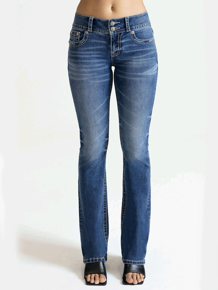 Miss Me M3636B95V Womens Mid Rise Bootcut Jean Denim Blue back view close up. If you need any assistance with this item or the purchase of this item please call us at five six one seven four eight eight eight zero one Monday through Saturday 10:00a.m EST to 8:00 p.m EST