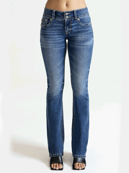 Miss Me M3636B95V Womens Mid Rise Bootcut Jean Denim Blue front view. If you need any assistance with this item or the purchase of this item please call us at five six one seven four eight eight eight zero one Monday through Saturday 10:00a.m EST to 8:00 p.m EST