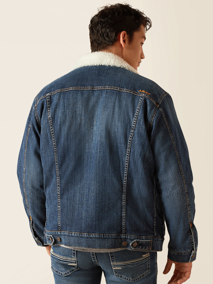 Ariat 10047438 Mens Sherpa Lined Trucker Jacket Blue Rock Denim front. If you need any assistance with this item or the purchase of this item please call us at five six one seven four eight eight eight zero one Monday through Saturday 10:00a.m EST to 8:00 p.m EST