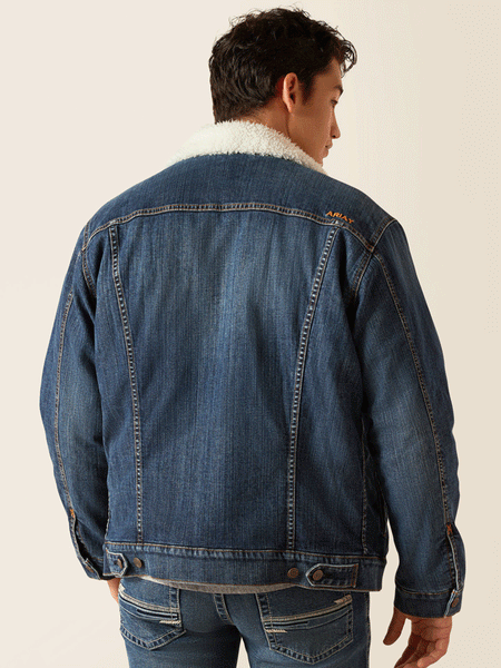 Ariat 10047438 Mens Sherpa Lined Trucker Jacket Blue Rock Denim back. If you need any assistance with this item or the purchase of this item please call us at five six one seven four eight eight eight zero one Monday through Saturday 10:00a.m EST to 8:00 p.m EST