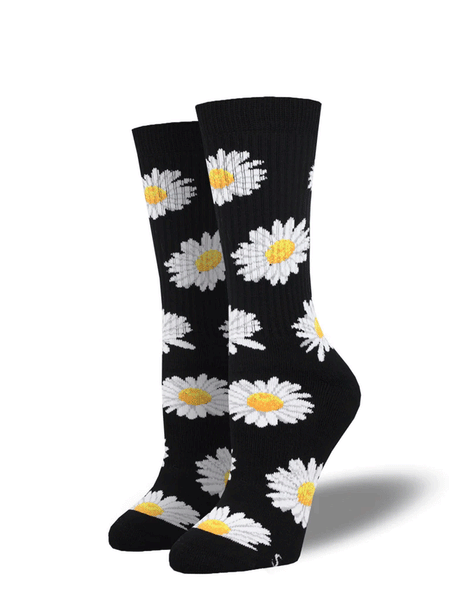 Socksmith ANC3139S-BLK Womens Retro Daisy Active Crew Socks Black front and side view of pair. If you need any assistance with this item or the purchase of this item please call us at five six one seven four eight eight eight zero one Monday through Saturday 10:00a.m EST to 8:00 p.m EST