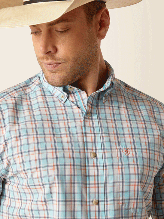 Ariat 10048438 Mens Pro Series Karson Classic Fit Shirt Sky Blue close up view of front. If you need any assistance with this item or the purchase of this item please call us at five six one seven four eight eight eight zero one Monday through Saturday 10:00a.m EST to 8:00 p.m EST