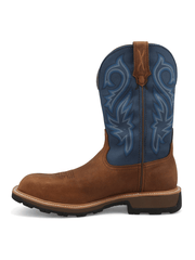 Brown cowboy boot with blue stitch pattern on a white background side view. If you need any assistance with this item or the purchase of this item please call us at five six one seven four eight eight eight zero one Monday through Saturday 10:00a.m EST to 8:00 p.m EST