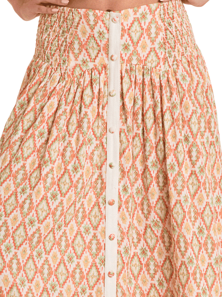 Rock & Roll Denim BW69B06275 Womens Aztec Print Maxi Skirt Natural front close up. If you need any assistance with this item or the purchase of this item please call us at five six one seven four eight eight eight zero one Monday through Saturday 10:00a.m EST to 8:00 p.m EST