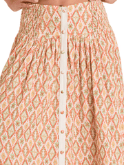 Rock & Roll Denim BW69B06275 Womens Aztec Print Maxi Skirt Natural front close up. If you need any assistance with this item or the purchase of this item please call us at five six one seven four eight eight eight zero one Monday through Saturday 10:00a.m EST to 8:00 p.m EST