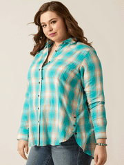 Ariat 10043447 Womens REAL Billie Rae Shirt Ojai Plaid Turquoise front and side view. If you need any assistance with this item or the purchase of this item please call us at five six one seven four eight eight eight zero one Monday through Saturday 10:00a.m EST to 8:00 p.m EST
