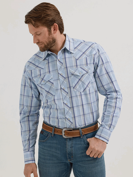 Wrangler 112356580 Mens 20X Competition Western Plaid Shirt Blue front. If you need any assistance with this item or the purchase of this item please call us at five six one seven four eight eight eight zero one Monday through Saturday 10:00a.m EST to 8:00 p.m EST

