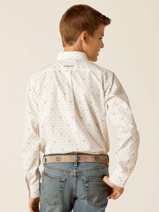 Ariat 10051410 Kids Edmond Classic Fit Shirt White back view. If you need any assistance with this item or the purchase of this item please call us at five six one seven four eight eight eight zero one Monday through Saturday 10:00a.m EST to 8:00 p.m EST