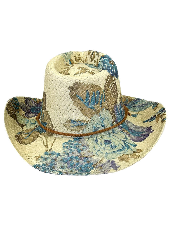 Rockmount 2121 Womens Print Straw Western Cowgirl Hat Violet And Green side / front view. If you need any assistance with this item or the purchase of this item please call us at five six one seven four eight eight eight zero one Monday through Saturday 10:00a.m EST to 8:00 p.m EST