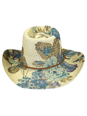 Rockmount 2121 Womens Print Straw Western Cowgirl Hat Violet And Green back view. If you need any assistance with this item or the purchase of this item please call us at five six one seven four eight eight eight zero one Monday through Saturday 10:00a.m EST to 8:00 p.m EST