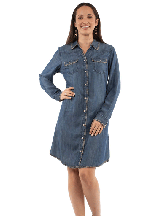 Woman wearing a denim dress on a white background front view. If you need any assistance with this item or the purchase of this item please call us at five six one seven four eight eight eight zero one Monday through Saturday 10:00a.m EST to 8:00 p.m EST
