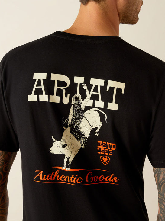 Ariat 10054768 Mens Bull T-Shirt Black back close up. If you need any assistance with this item or the purchase of this item please call us at five six one seven four eight eight eight zero one Monday through Saturday 10:00a.m EST to 8:00 p.m EST