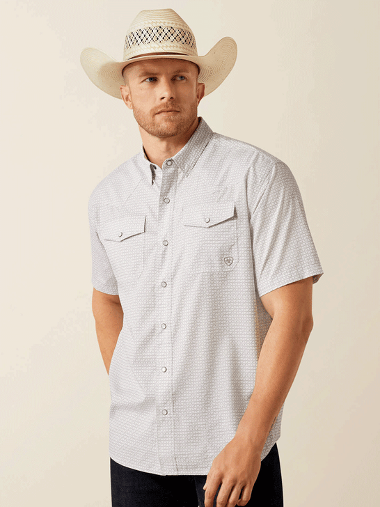 Ariat 10054483 Mens Western VentTEK Classic Fit Shirt Moonbeam Silver front view. If you need any assistance with this item or the purchase of this item please call us at five six one seven four eight eight eight zero one Monday through Saturday 10:00a.m EST to 8:00 p.m EST