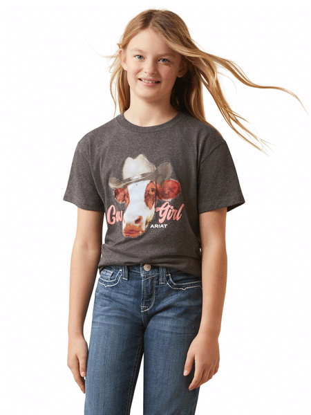 Ariat 10045457 Kids Cow Girl Short Sleeve Tee Charcoal Heather front view. If you need any assistance with this item or the purchase of this item please call us at five six one seven four eight eight eight zero one Monday through Saturday 10:00a.m EST to 8:00 p.m EST
