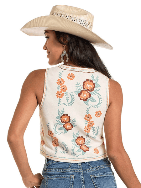Rock & Roll Denim BW98T06318 Womens Floral Studded Vest Ivory back view. If you need any assistance with this item or the purchase of this item please call us at five six one seven four eight eight eight zero one Monday through Saturday 10:00a.m EST to 8:00 p.m EST