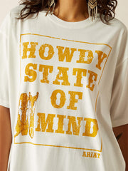 Ariat 10058772 Womens Howdy State T-Shirt Vanilla Ice Cream close up. If you need any assistance with this item or the purchase of this item please call us at five six one seven four eight eight eight zero one Monday through Saturday 10:00a.m EST to 8:00 p.m EST