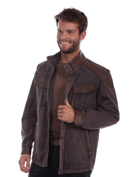 Mens Canvas And Leather Trim Jacket Chocolate front view. If you need any assistance with this item or the purchase of this item please call us at five six one seven four eight eight eight zero one Monday through Saturday 10:00a.m EST to 8:00 p.m EST