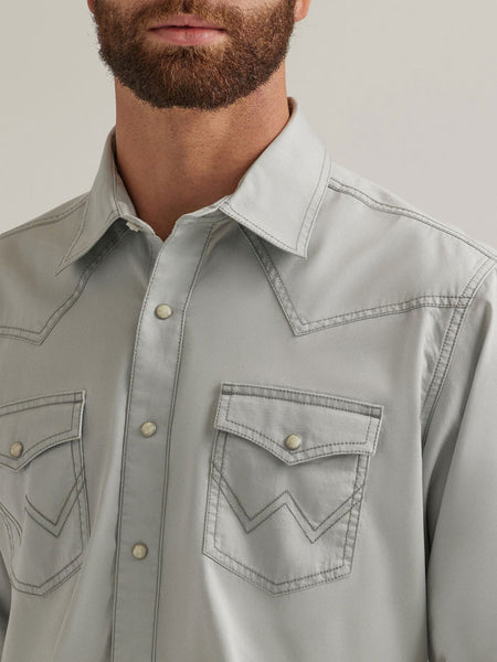 Wrangler 112344544 Mens Retro Long Sleeve Shirt Grey front close up. If you need any assistance with this item or the purchase of this item please call us at five six one seven four eight eight eight zero one Monday through Saturday 10:00a.m EST to 8:00 p.m EST