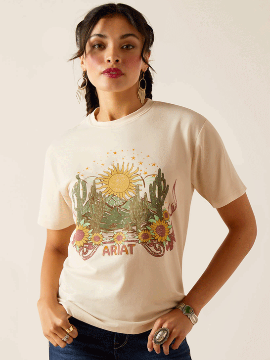 Ariat 10048583 Womens Desert Dreaming T-Shirt Natural front view. If you need any assistance with this item or the purchase of this item please call us at five six one seven four eight eight eight zero one Monday through Saturday 10:00a.m EST to 8:00 p.m EST