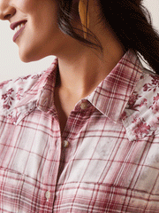 Ariat 10043453 Womens Billie Jean Shirt Willa Plaid Floral Burgundy collar close up view. If you need any assistance with this item or the purchase of this item please call us at five six one seven four eight eight eight zero one Monday through Saturday 10:00a.m EST to 8:00 p.m EST
