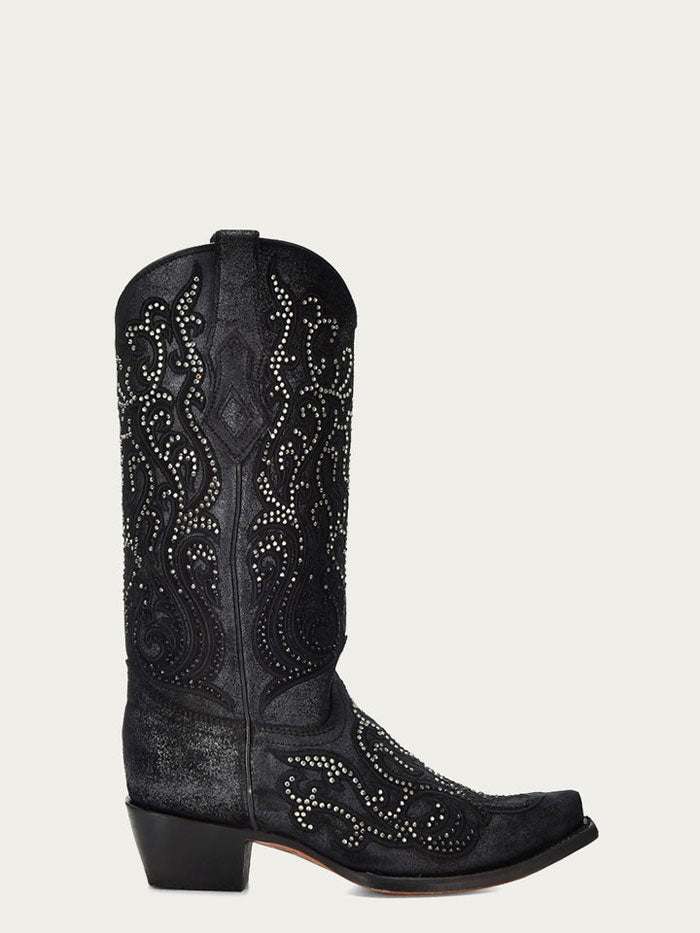 Corral C4100 Ladies Embroidery And Crystals Overlay Boot Black side / front. If you need any assistance with this item or the purchase of this item please call us at five six one seven four eight eight eight zero one Monday through Saturday 10:00a.m EST to 8:00 p.m EST