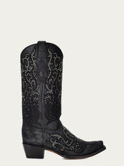 Corral C4100 Ladies Embroidery And Crystals Overlay Boot Black side view. If you need any assistance with this item or the purchase of this item please call us at five six one seven four eight eight eight zero one Monday through Saturday 10:00a.m EST to 8:00 p.m EST