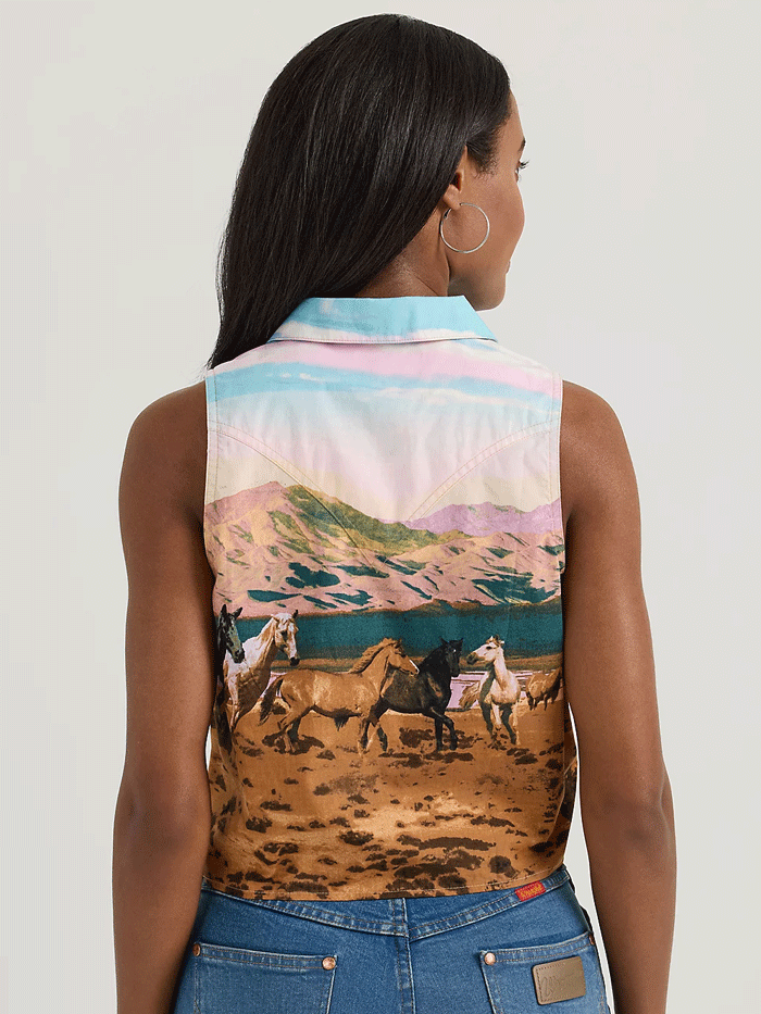 Wrangler 112361188 Womens Bold Printed Sleeveless Tie Front Americana Shirt Multicolor front view. If you need any assistance with this item or the purchase of this item please call us at five six one seven four eight eight eight zero one Monday through Saturday 10:00a.m EST to 8:00 p.m EST