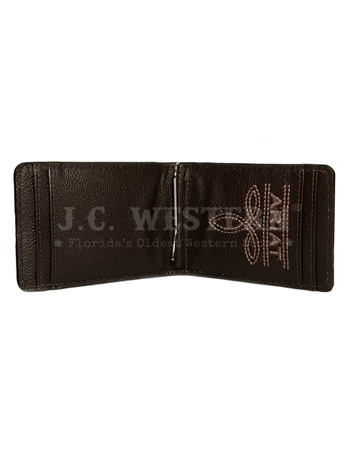 Ariat A3555401 Mens Money Clip Wallet Mexico Flag Black front view closed. If you need any assistance with this item or the purchase of this item please call us at five six one seven four eight eight eight zero one Monday through Saturday 10:00a.m EST to 8:00 p.m EST