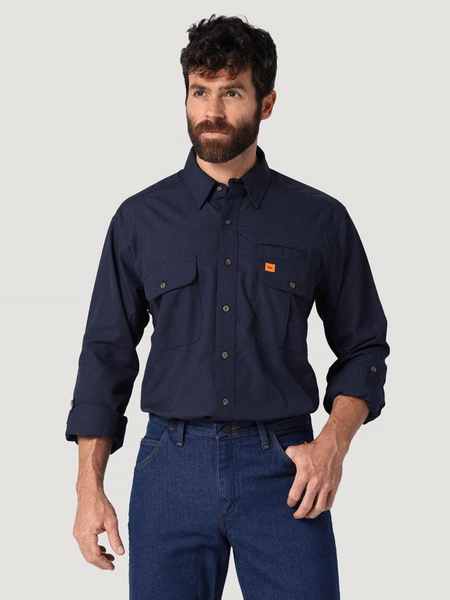 Wrangler 112319170 Mens Flame Resistant 20X Vented Work Shirt Navy front view. If you need any assistance with this item or the purchase of this item please call us at five six one seven four eight eight eight zero one Monday through Saturday 10:00a.m EST to 8:00 p.m EST